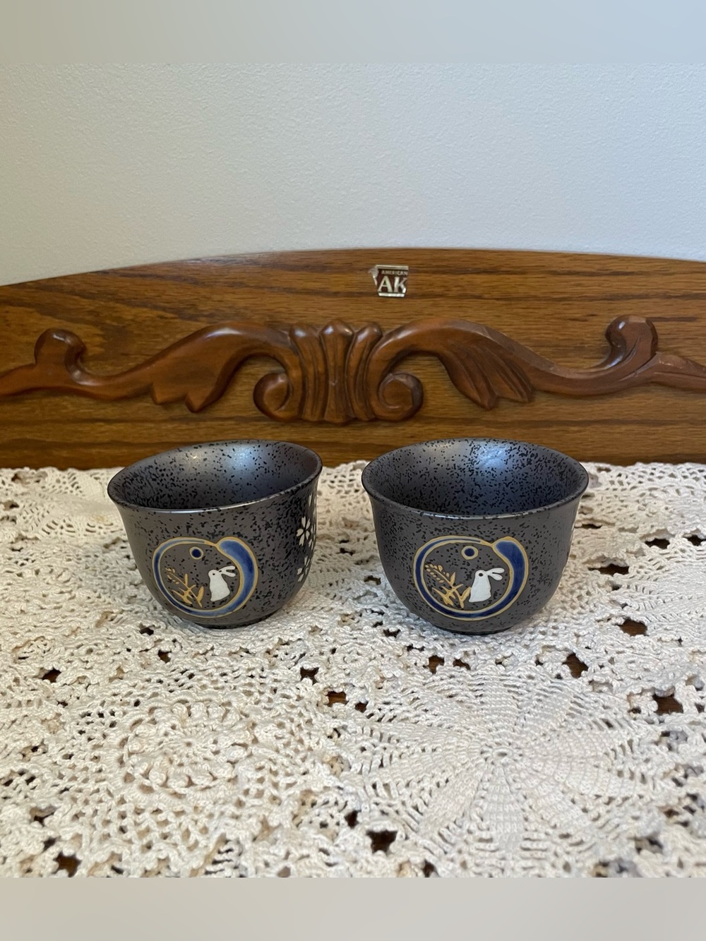 Speckled Ceramic Sake Cups W/ Rabbit Moon Floral Motif